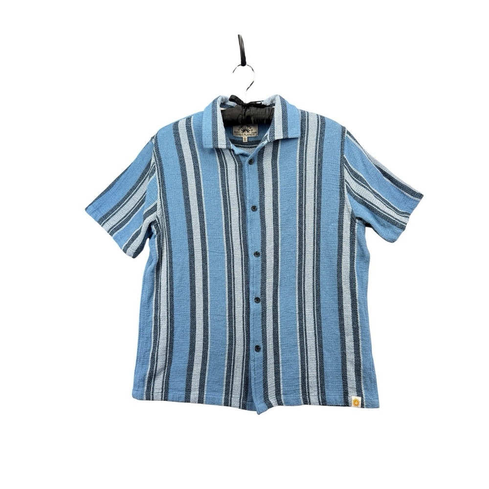 Good Times Sunny Days Free Planet Shirt Mens L Blue Stripe Cotton Button Up